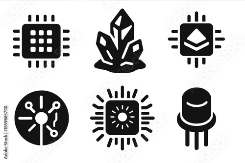 Futuristic Tech Icons. Solid style icons of futuristic technology in : chip, ice, prism processor, glowing circuit, radiant