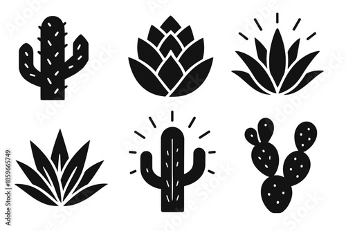 Desert Flora Icons. Solid style icons of desert flora in : cactus, prism succulent, glowing aloe, radiant agave, ethereal saguaro,