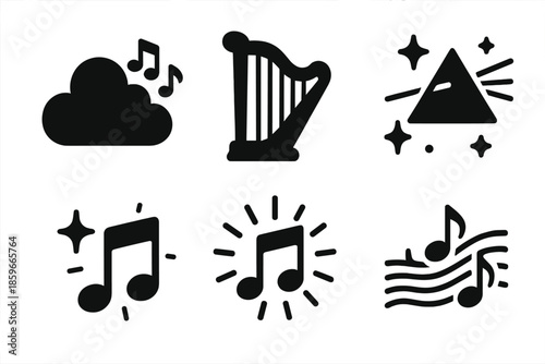 Ethereal Music Icons. Solid style icons of ethereal music in : cloud, harp, prism string, glowing note, radiant chord, ethereal