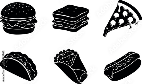 Collection of fast food icons burger sandwich pizza taco burrito and hotdog silhouettes