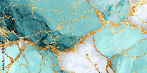 Abstract watercolor painting with flowing turquoise and aqua green washes and subtle gold accents