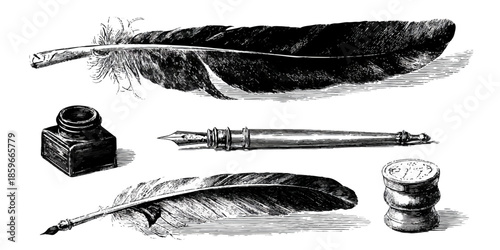 Vintage quill pen and inkwell illustration representing writing and history