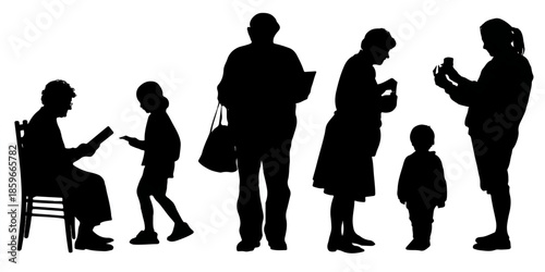 Silhouettes of people engaged in various activities