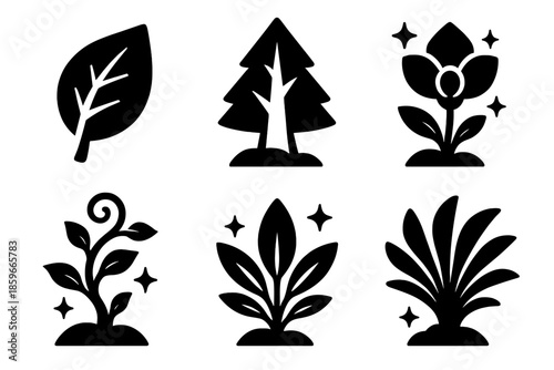 Fantasy Nature Icons. Solid style icons of fantasy nature landscapes in : leaf, prism tree, glowing flower, radiant vine, ethereal