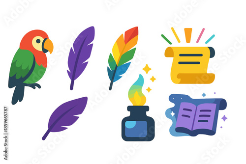Icons of Colorful Creativity. Solid style icons of colorful creativity in : parrot, quill, prism feather, glowing ink, radiant