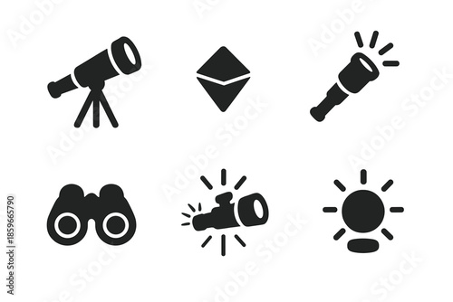 Levitating Exploration Tools. Solid style icons of levitating exploration tools in : telescope, floating prism lens, radiant