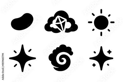 Surreal Airborne Sweets. Solid style icons of surreal airborne sweets in : jellybean, prism cloud, glowing orb, radiant star,