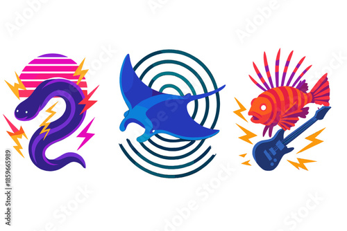 Musical Deep-Sea Animals. Isometric vector illustration set Deep-Sea Creatures Representing Musical Genres: electric eel sparking