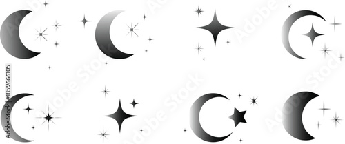 Crescent Moon and Star Icons Set Minimal Night Symbols