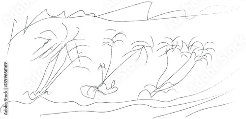 A blurry sketch of palm trees on a beach with mountains