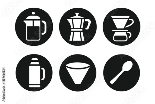 Coffee Accessory Icons. Solid style round vector icons of coffee accessories: French press, moka pot, dripper, thermos, coffee