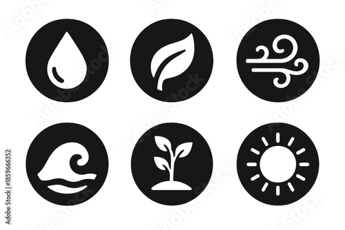 Clean Nature Icons. Solid style round vector icons of clean nature: water droplet, leaf curve, wind swirl, pure wave, plant stem,