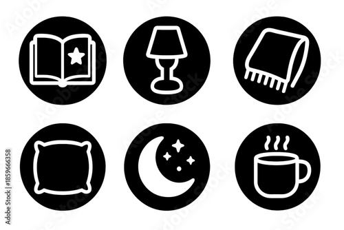 Cozy Bedtime Icons. Solid style round vector icons of bedtime reading: storybook, dim lamp, blanket, pillow, gentle light, cozy