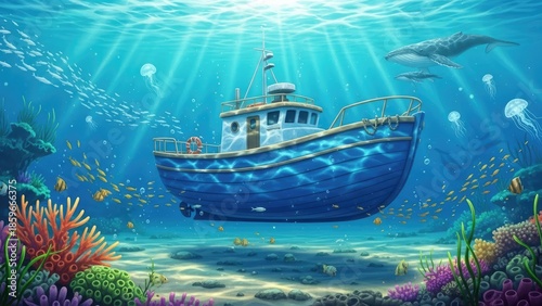 Enchanting Underwater Scene with a Blue Boat Coral Reef Whale and Marine Life Amidst Sunbeams