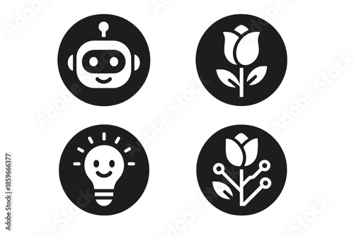 Humanized Technology Icons. Solid style round vector icons of humanized technology: smiling robot, blooming rose, soft light,
