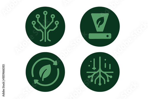 Green Innovation Icons. Solid style round vector icons of green innovation: digital tree, light projection, eco symbol, glowing
