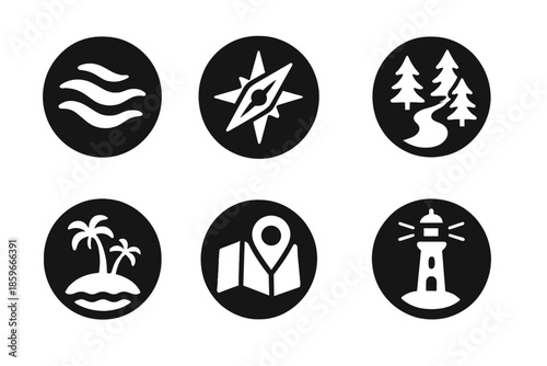 Discovery Vector Icons. Solid style round vector icons of discovery and travel: water stream, navigation compass, forest path,