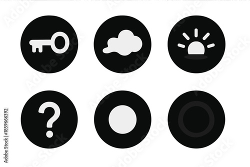 Mystical Icon Array. Solid style round vector icons of curiosity and enigma: key silhouette, ethereal fog, fading light, riddle