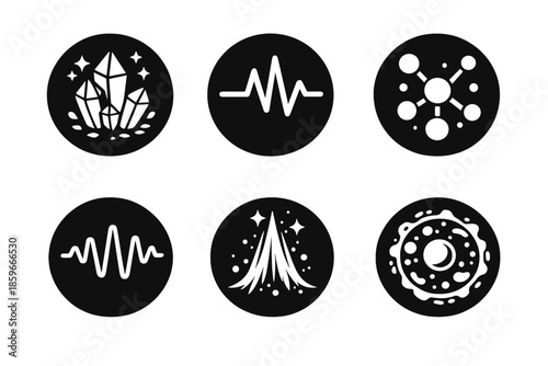 Rhythmic Science Icons. Solid style round vector icons of rhythmic science: crystal, heartbeat curve, molecule, waveform, light