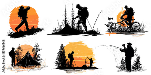 Outdoor activities: hiking, biking, camping, fishing silhouettes