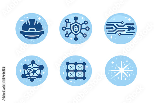 Virtual Safety Icons. Solid style round vector icons of virtual safety: helmet, security node, cyber flow, neural net, grid