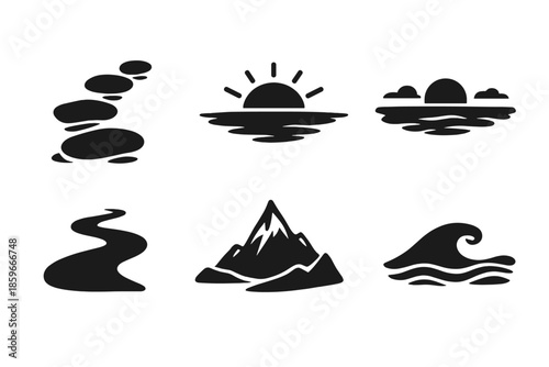 Mindful Journey Icons. Solid style icons of mindful journey: stepping stones, sunrise glow, horizon band, flowing path, distant
