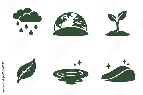 Balanced Renewal Icons. Solid style icons of balanced renewal: falling rain, earth curve, rising stem, fresh leaf, reflection pool