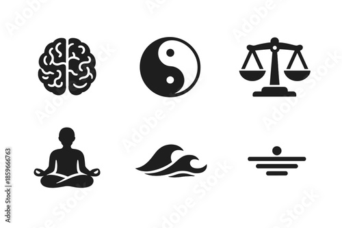 Balance Icons Representation. Solid style icons of balance of thought: brain outline, yin-yang circle, scale, meditative pose,