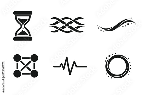 Temporal Harmony Icons. Solid style icons of temporal harmony: sand timer, threadline weave, flowing arc, connected circles, pulse