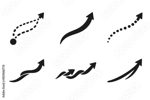 Graceful Motion Icons. Solid style icons of graceful progress: motionpath, curved arrow, dotted trail, flowing line, direction