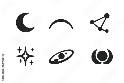 Celestial Icon Set. Solid style icons of celestial symbols: crescent moon, arc line, constellation dot, shining star, orbit loop,