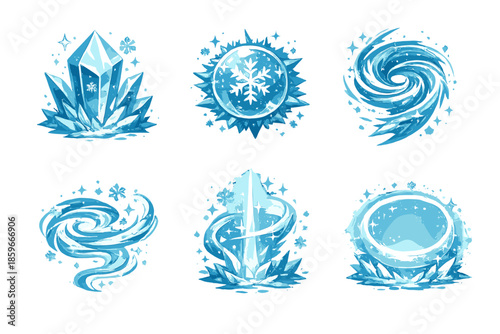 Polar Geometry Icons. Solid style icons of Polar Geometry: ice prism, frost sphere, glacial spiral, wind thread, snow beam, cold