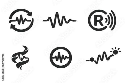Vocal Identity Icons. Solid style icons of Vocal Identity: tone loop, signature wave, sound mark, echo ribbon, brand ring,