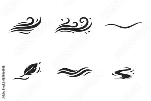 Invisible Flow Icons. Solid style icons of Invisible Flow: air trace, mist curve, faint line, drifting leaf, soft wave, subtle