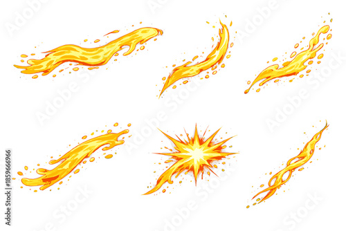 Energetic Motion Icons. Solid style icons of Energetic Motion: river beam, ember trail, liquid streak, radiant pulse, flowing arc,
