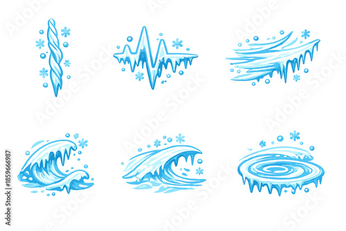 Icy Design Elements. Solid style icons of Restrained Flow: frost thread, pulse curve, snow streak, icy wave, subtle arc, cold