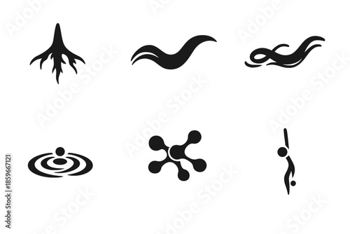 Deep Flow Icons. Solid style icons of Deep Flow: root spike, wave curve, flowing thread, ripple arc, organic node, deep line No
