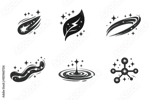 Radiant Motion Icons. Solid style icons of Radiant Motion: glide pulse, spark leaf, flowing arc, luminous thread, soft ripple,
