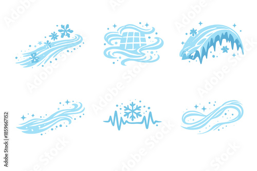 Subdued Flow Icons. Solid style icons of Subdued Flow: flake trail, mist grid, icy arc, airy thread, snow pulse, delicate line No