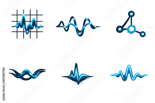 Glowing Audio Icons. Solid style icons of Audio Flow: trace grid, sound lace, glowing node, flowing thread, pulse arc, luminous