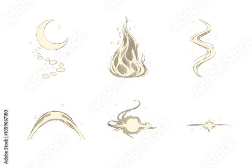 Hidden Glow Icons. Solid style icons of Hidden Glow: moon path, fire veil, reflective thread, glowing arc, soft pulse, radiant