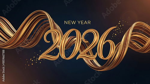 Celebrating New Year 2026 with Golden Typography and Swirling Designs in a Dark Background