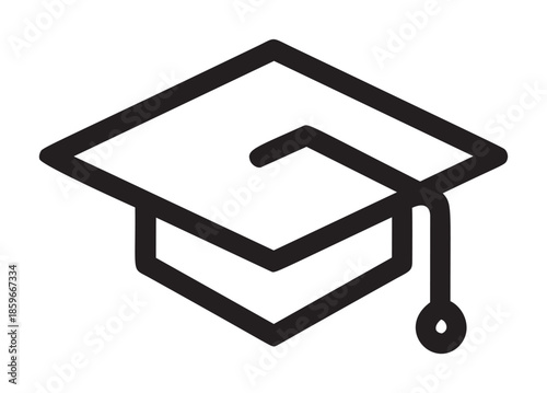 Graduation cap vector, bold black line art with tassel on white background — stock vector