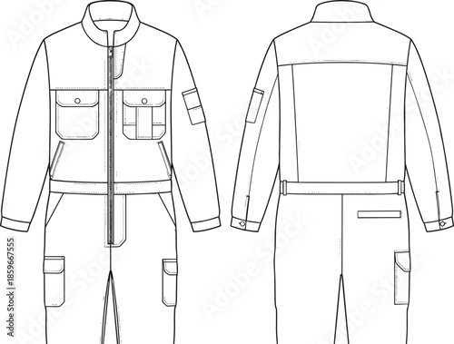 Front and back technical sketch of a professional workwear jumpsuit boiler suit coverall with multiple utility pockets for industrial safety (20 words)