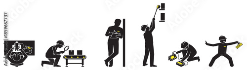 Set of silhouette icons depicting various tasks and activities, including inspection, repair, and maintenance.