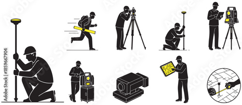 Collection of icons illustrating surveying and construction professionals using various equipment for measurement and data collection.