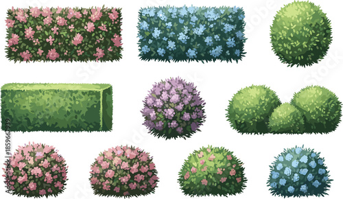 Landscape Design Vector Set featuring Green Tree Plan Icons Flowering Bush Symbols and Garden Hedge Elements for Architectural Site Mapping Illustration