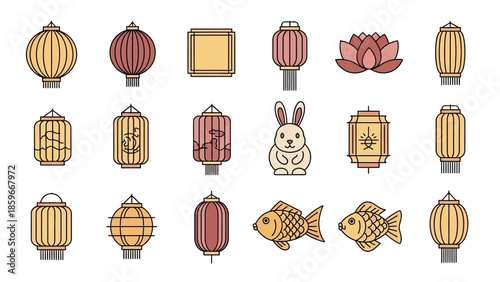 Chinese Lanterns and Symbols Illustration Set.