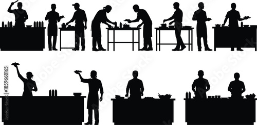 Large silhouette collection of professional chefs and restaurant kitchen staff cooking, preparing food, and serving dishes isolated on white background, vector illustration,