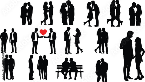 Romantic couple silhouettes, diverse love poses, black figures, emotional connection, same-gender affection, bench scene, heart symbol, embrace, kiss
